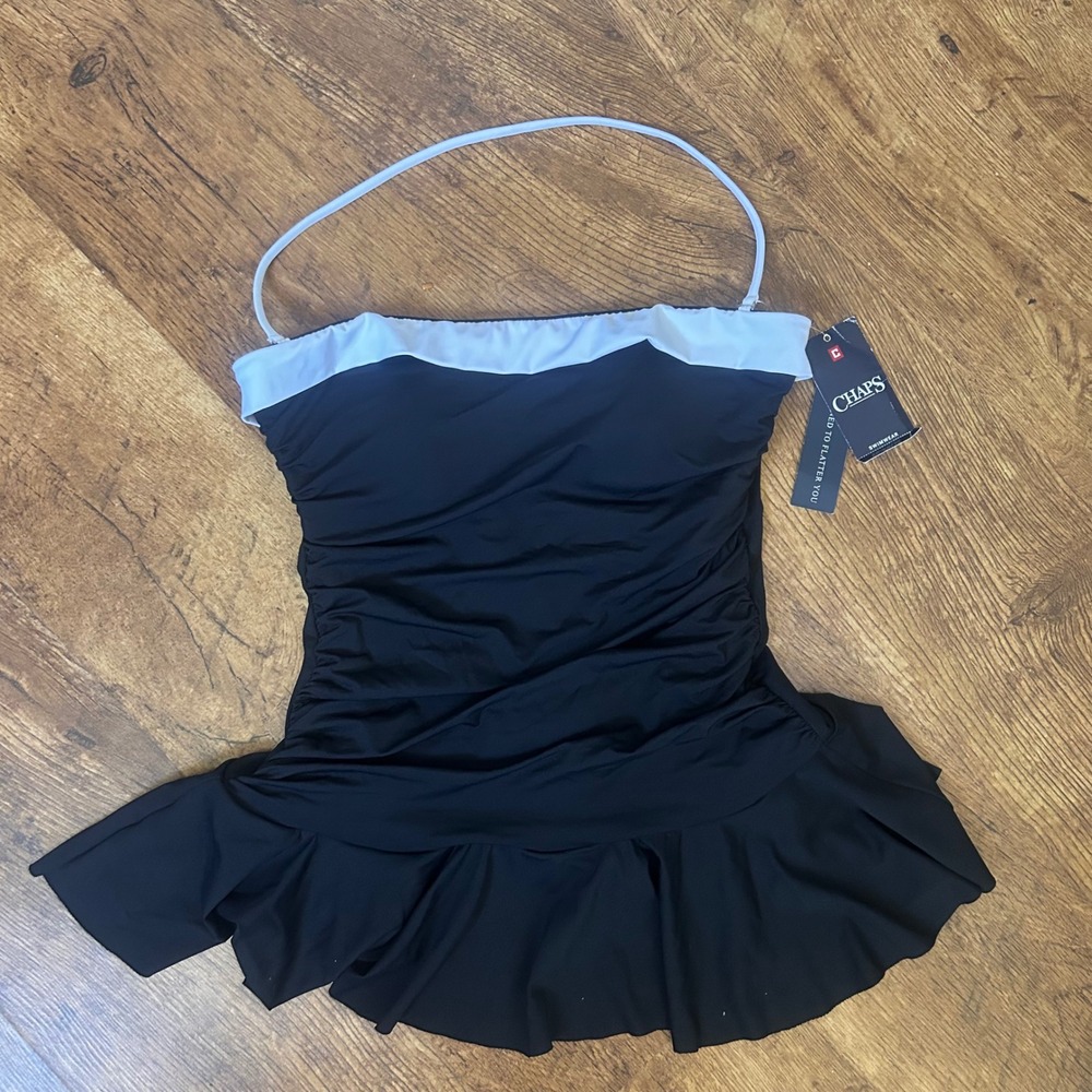 Chaps Womens Black White Ruched Skirted Swim Dress One Piece Swimsuit NWT